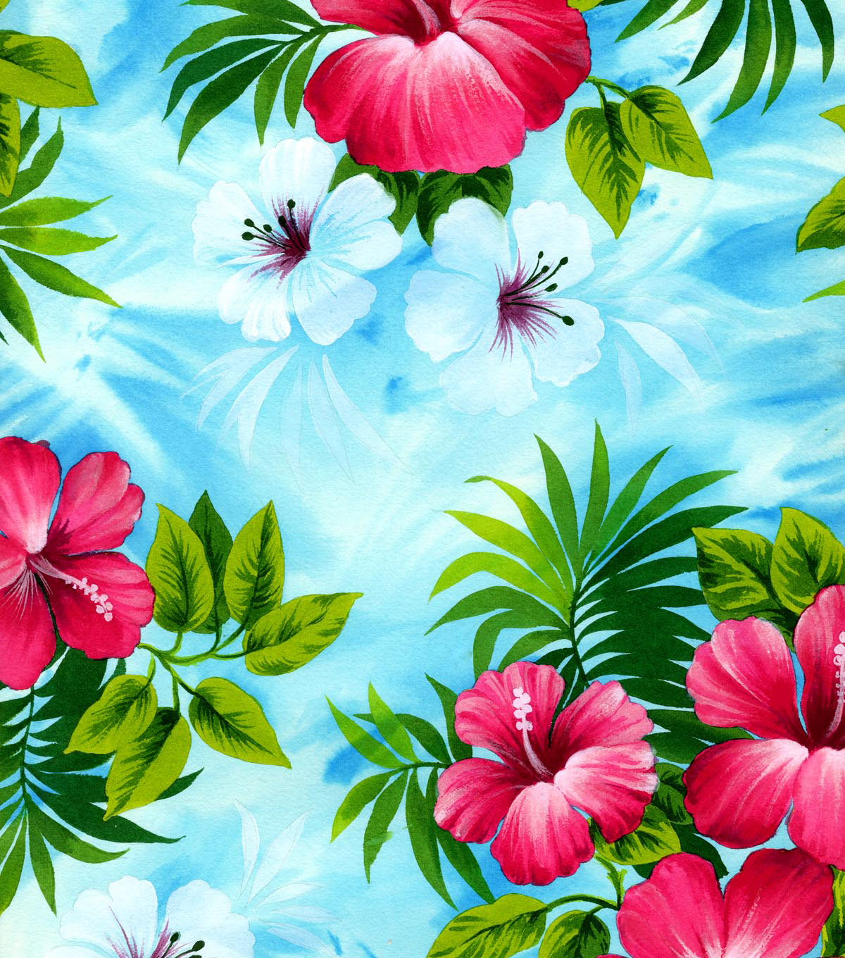 Tropical Fabric, Pink Hibiscus On Sky Blue Poplin, Jo, Ann. 