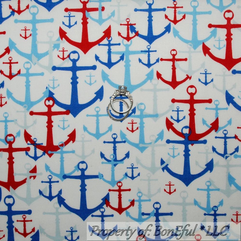 BonEful Fabric FQ Cotton Quilt Blue Black White B&W Cloud Lighthouse Stripe Flag 
