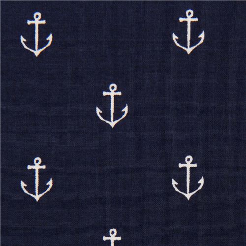 Per Metre by Nortex Mill Navy Polycotton Fabric with White Anchor Nautical Print
