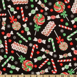 Christmas Candy Canes with Dots Fabric HF2004 12 Yard Large Print NEW Fabric BTHY Black with Silver Highlights
